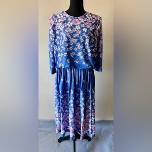 Vintage MCS Ltd Purple Floral A-Line Midi Dress Medium 8–10 3/4 Sleeve Pleated